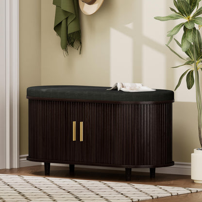 2-Tier Shoe Storage Bench with Padded Seat & Fluted Sliding Doors for Entryway