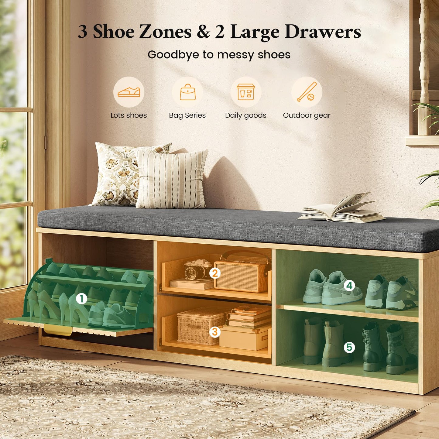 2-Tier Shoe Storage Bench with Drawer, Cushion & Adjustable Shelf for Entryway
