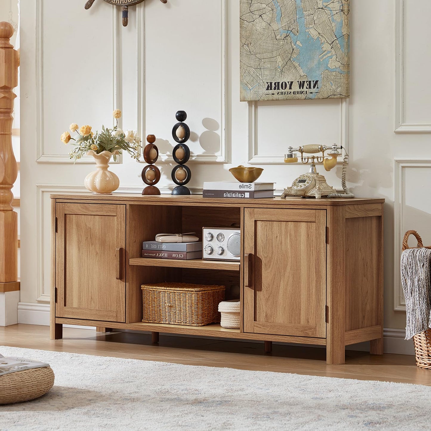 Farmhouse TV Stand with Adjustable Shelves for Living Room Storage