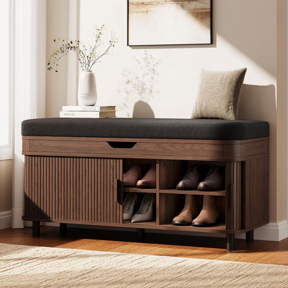 Fluted Shoe Storage Bench with Cushion and Adjustable Shelves for Entryway