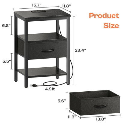 Nightstand with Charging Station and Adjustable Fabric Drawer