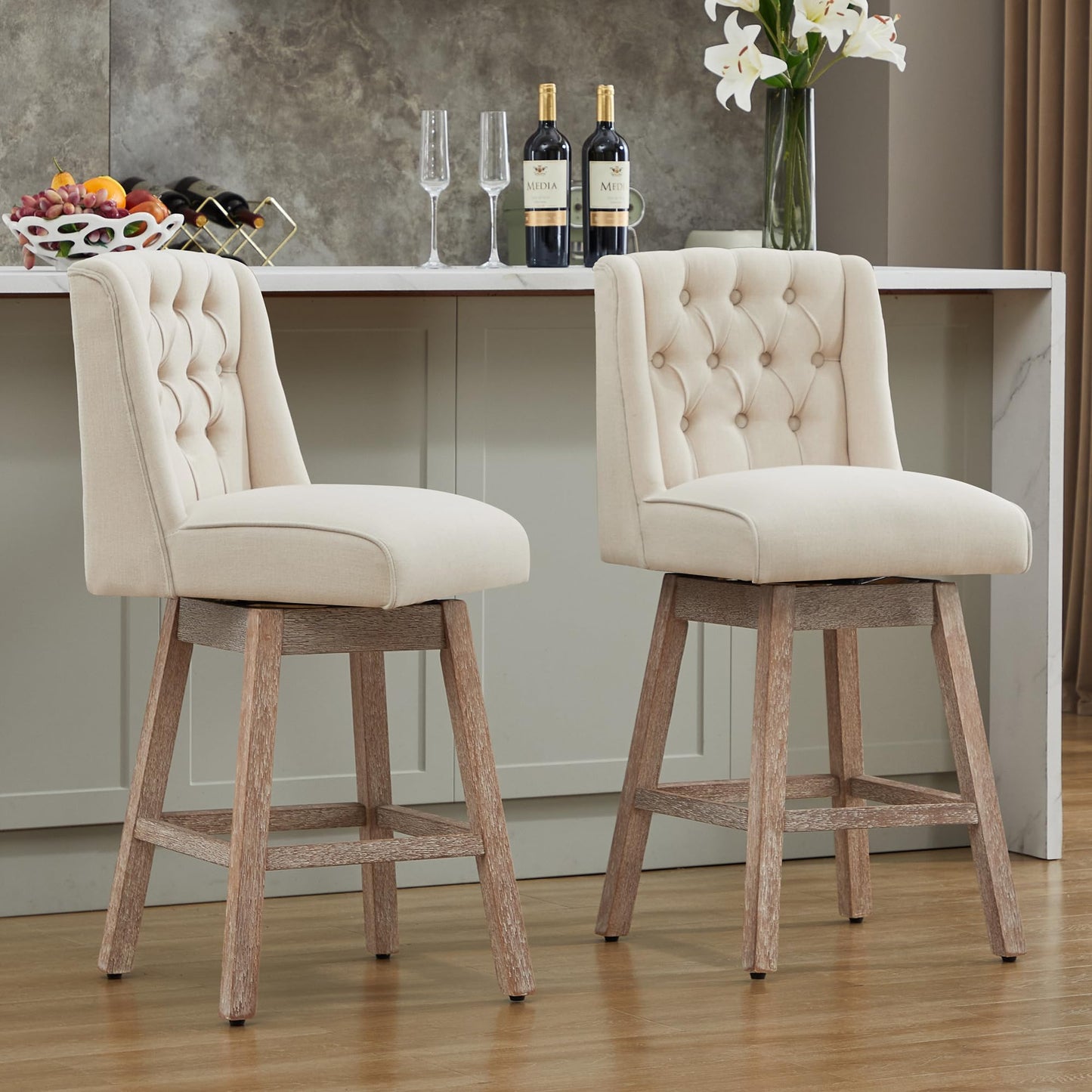 Modern Linen Upholstered Counter Height Bar Stools with Swivel & Wood Legs