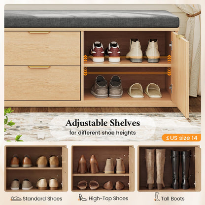 2-Tier Shoe Storage Bench with Drawer, Cushion & Adjustable Shelf for Entryway