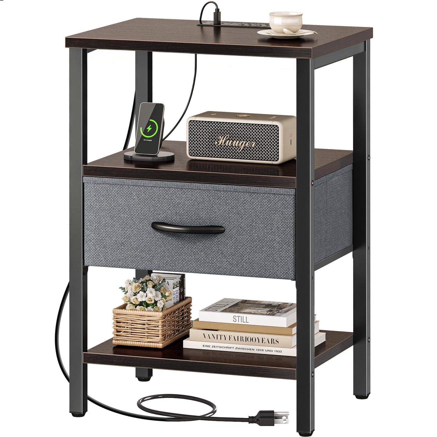 Nightstand with Charging Station and Adjustable Fabric Drawer