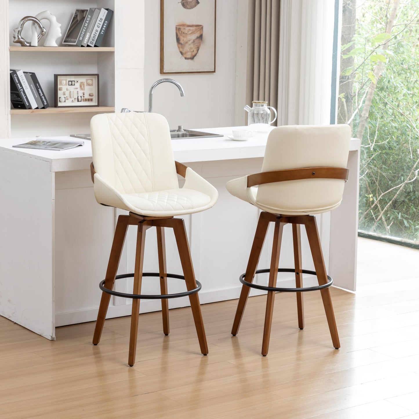 Mid Century Modern Swivel Bar Stools with Faux Leather Upholstery & Walnut Legs