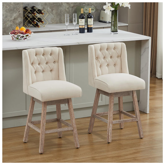 Modern Linen Upholstered Counter Height Bar Stools with Swivel & Wood Legs