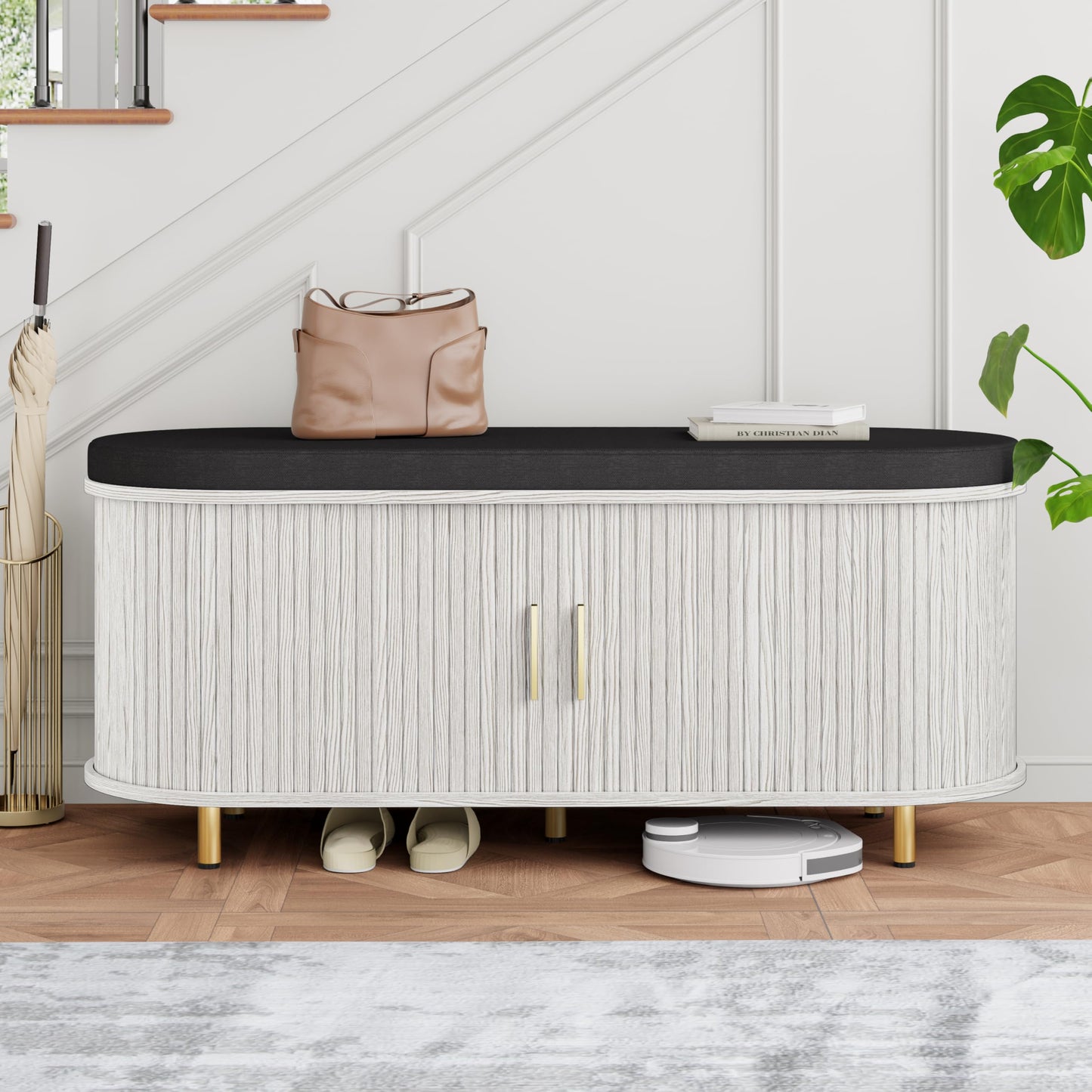 2-Tier Shoe Storage Bench with Padded Seat & Fluted Sliding Doors for Entryway
