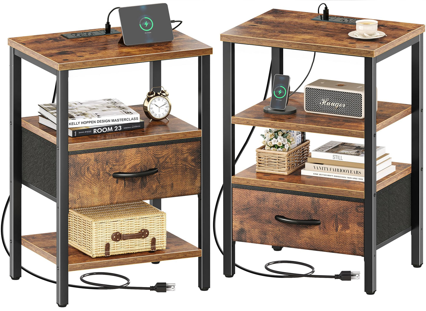 Nightstand with Charging Station and Adjustable Fabric Drawer