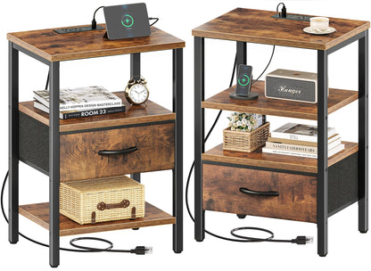 Nightstand with Charging Station and Adjustable Fabric Drawer