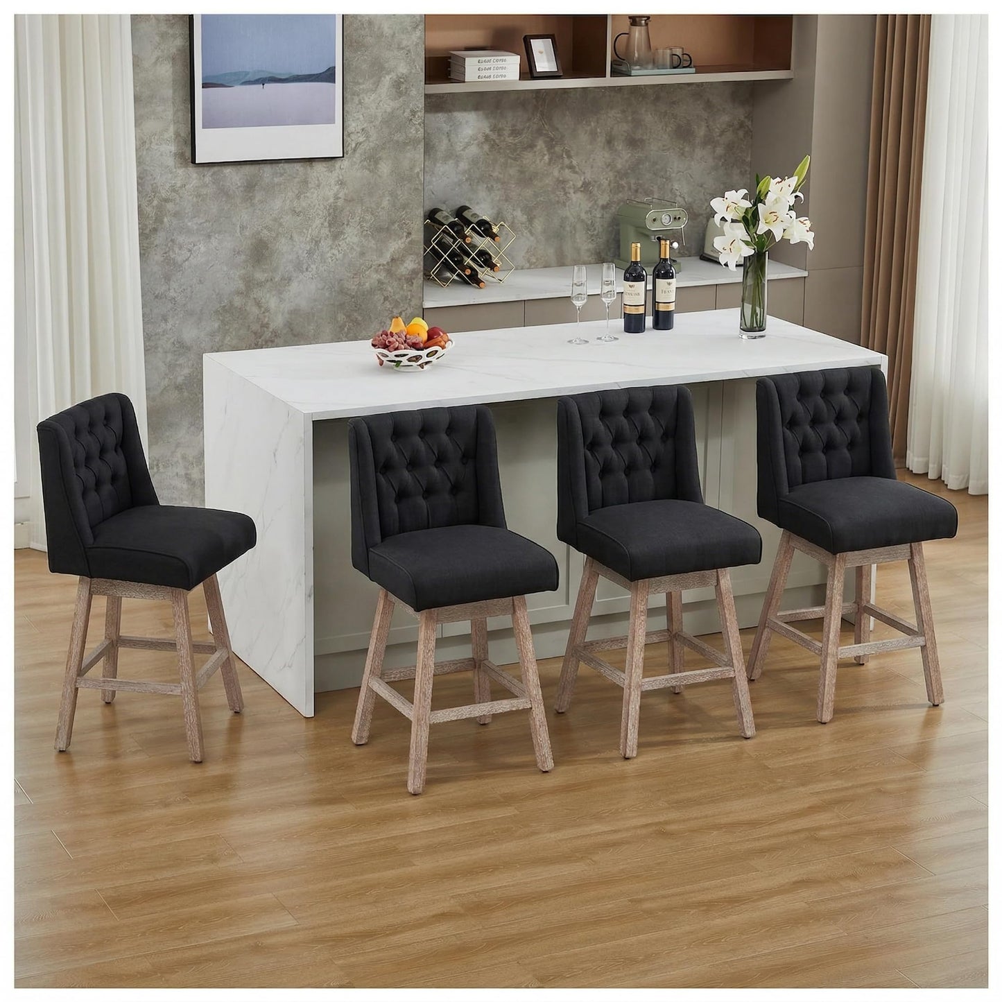 Modern Linen Upholstered Counter Height Bar Stools with Swivel & Wood Legs