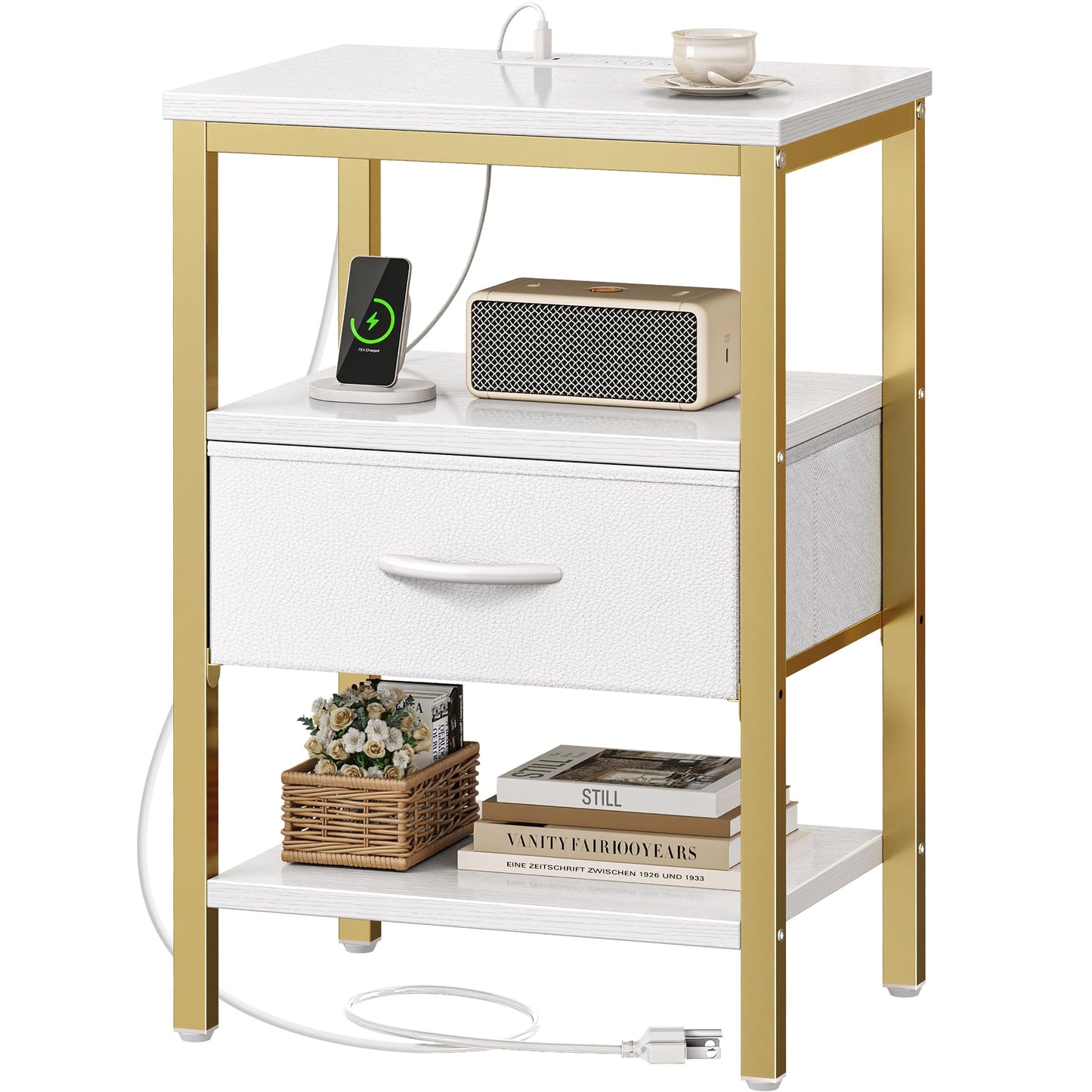 Nightstand with Charging Station and Adjustable Fabric Drawer