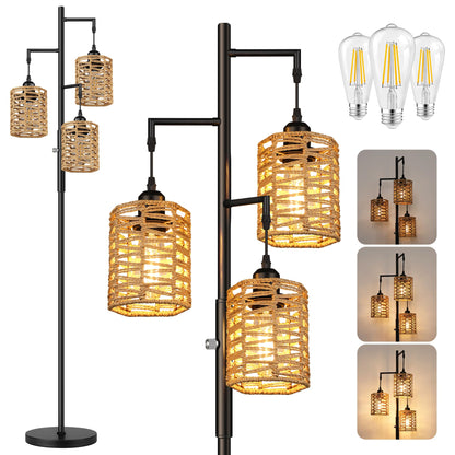 Dimmable Boho Floor Lamp with Rattan Shade for Living Room Decor