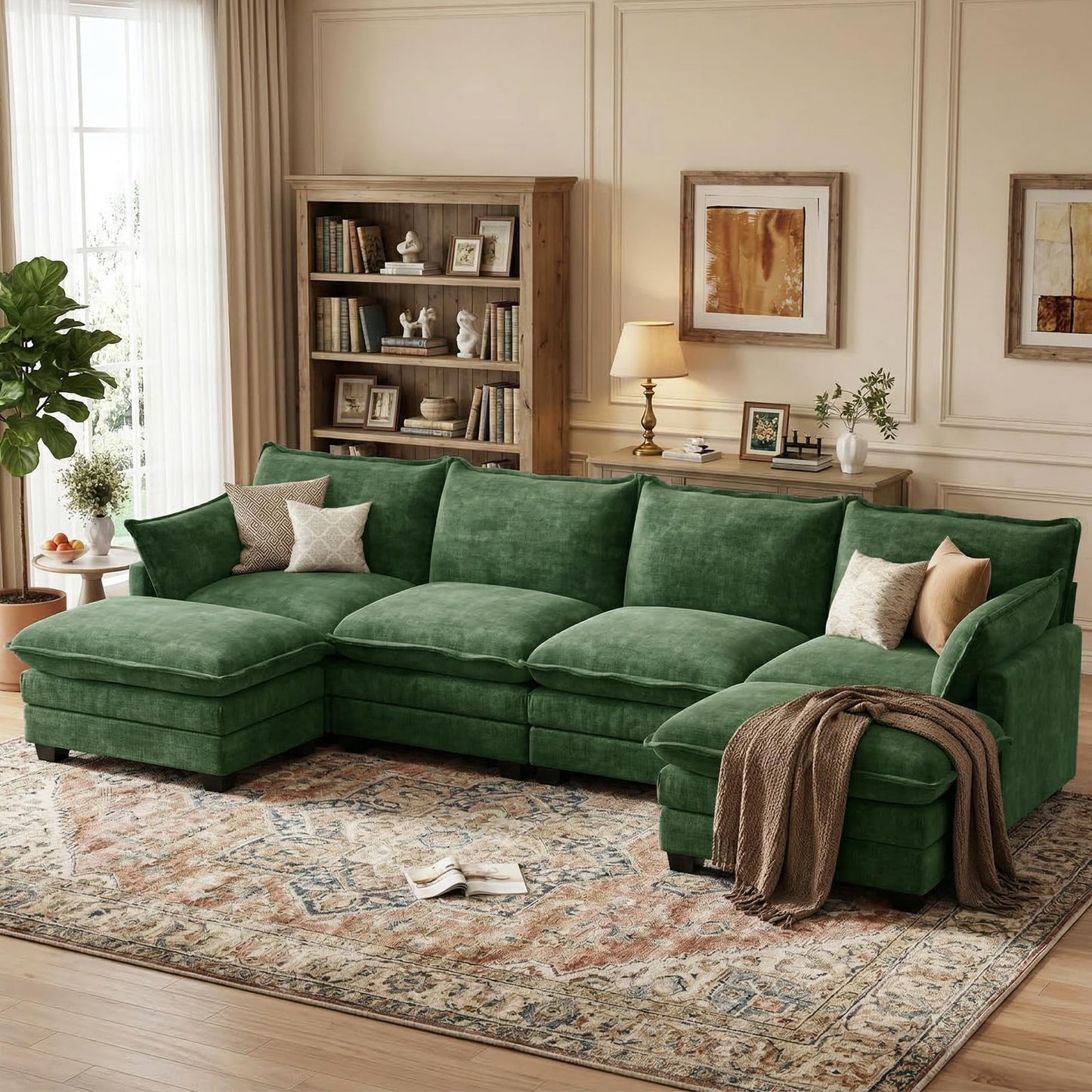 U Shaped Modular Sectional Sofa with Movable Ottoman & Pillows