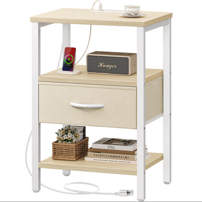 Nightstand with Charging Station and Adjustable Fabric Drawer