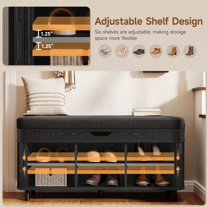 Fluted Shoe Storage Bench with Cushion and Adjustable Shelves for Entryway