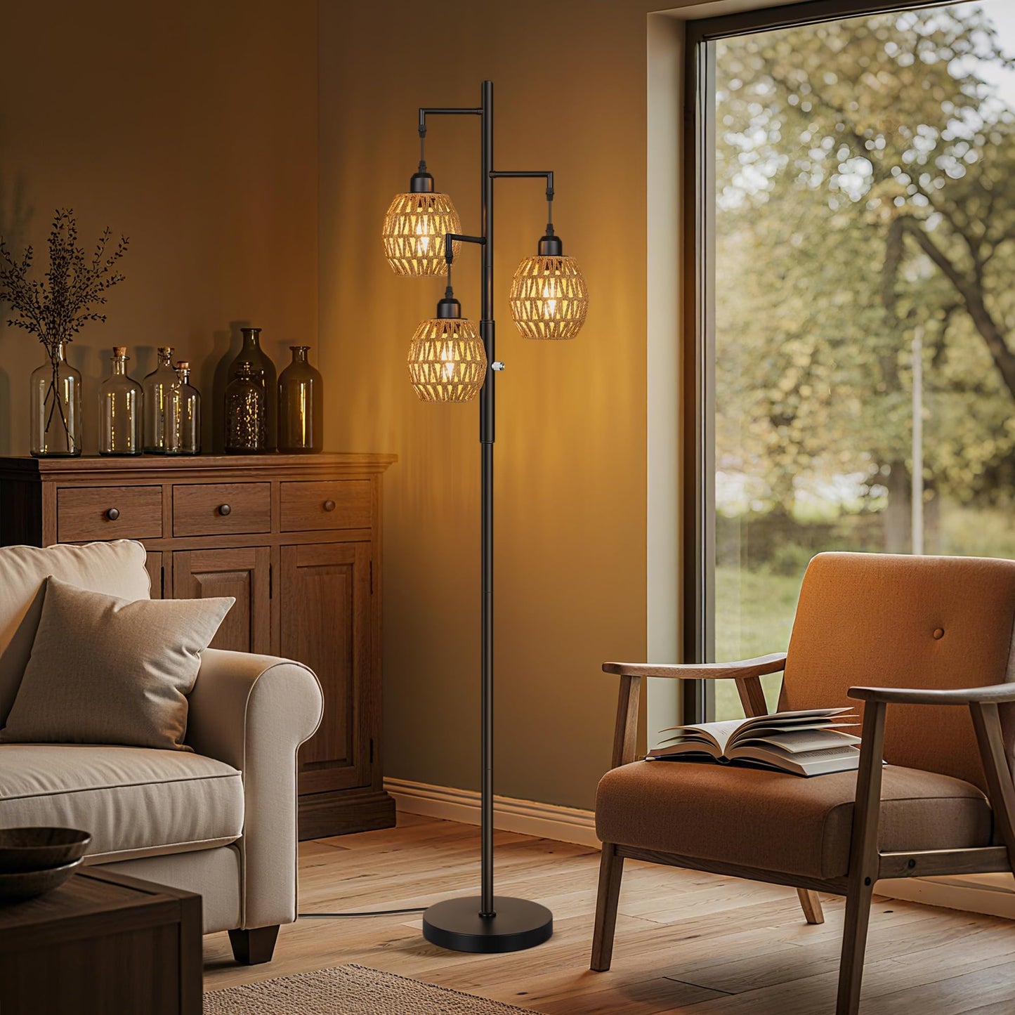 Dimmable Boho Floor Lamp with Rattan Shade for Living Room Decor