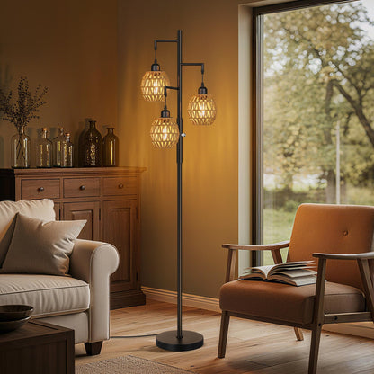Dimmable Boho Floor Lamp with Rattan Shade for Living Room Decor