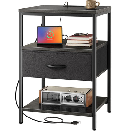 Nightstand with Charging Station and Adjustable Fabric Drawer