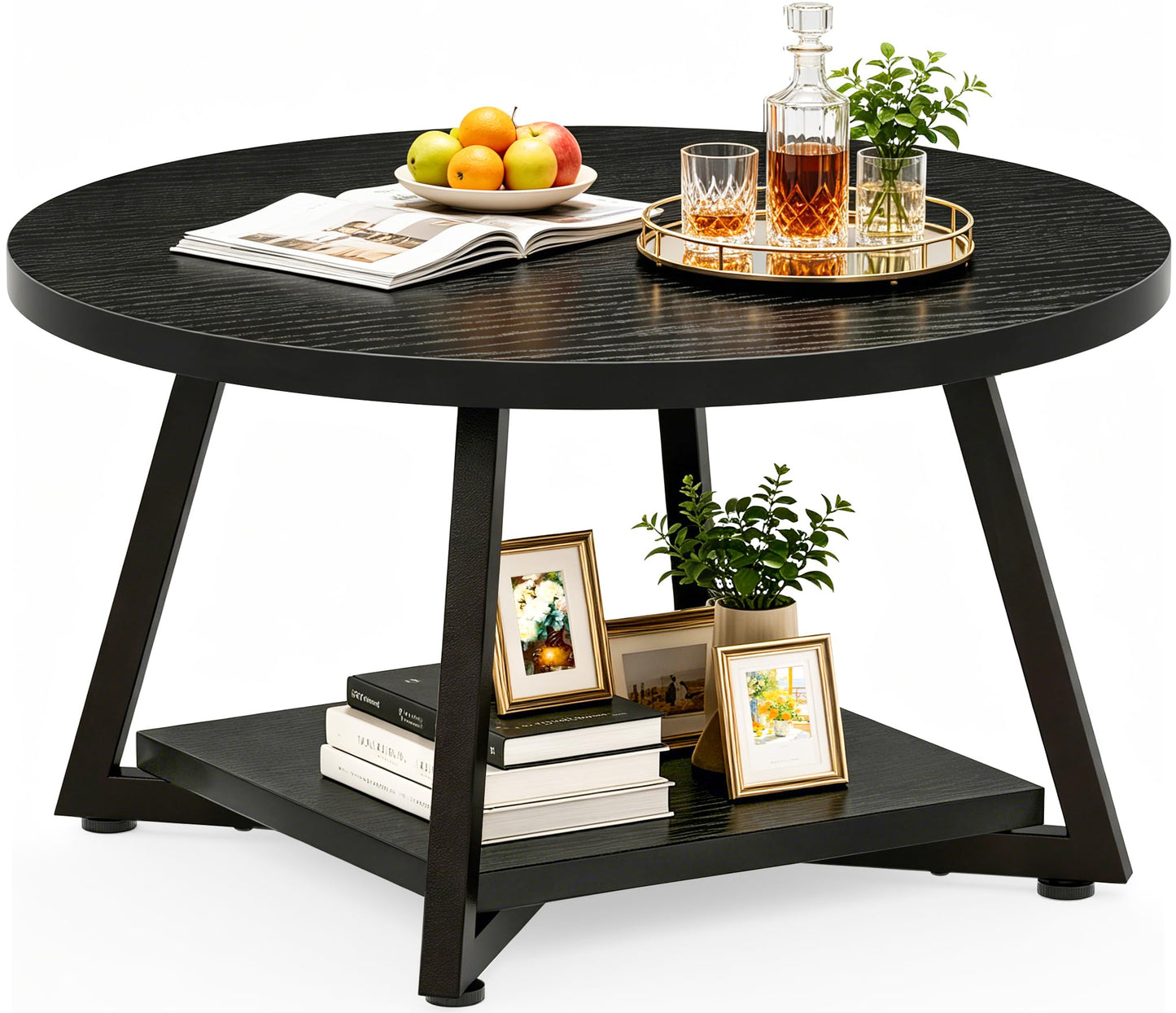 Round Coffee Table with Metal Frame for Living Room & Office