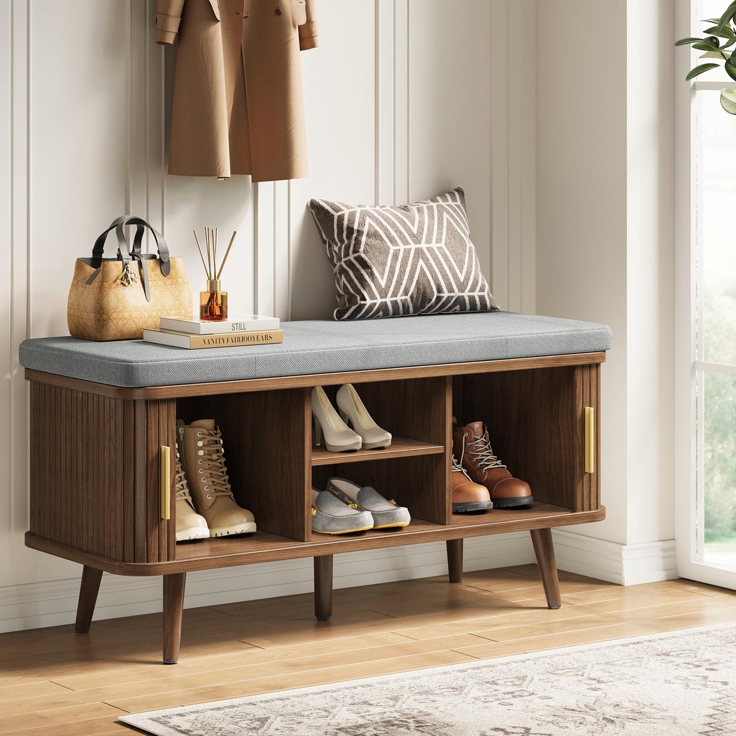 Decofy Storage Bench with Cushion and Sliding Doors