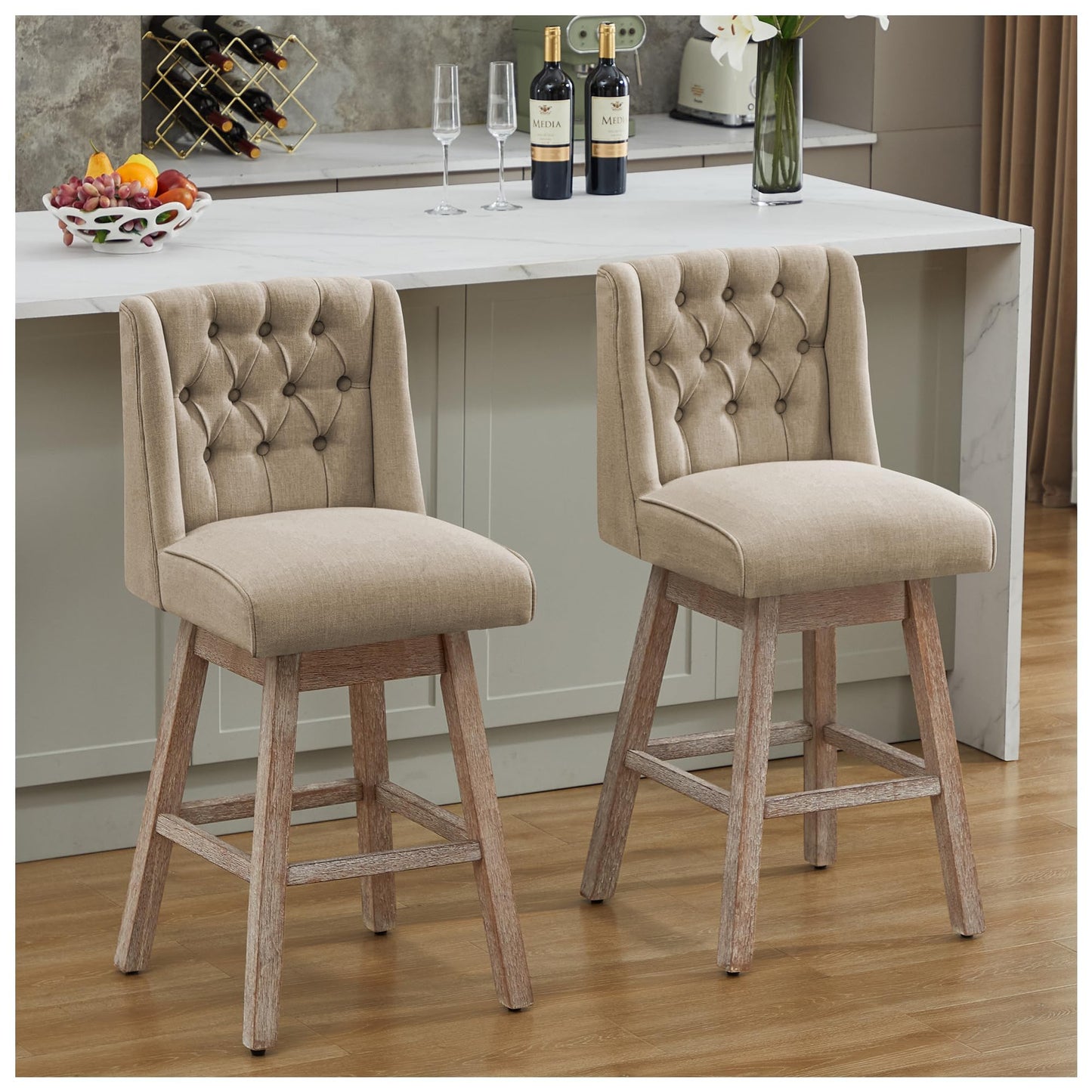Modern Linen Upholstered Counter Height Bar Stools with Swivel & Wood Legs