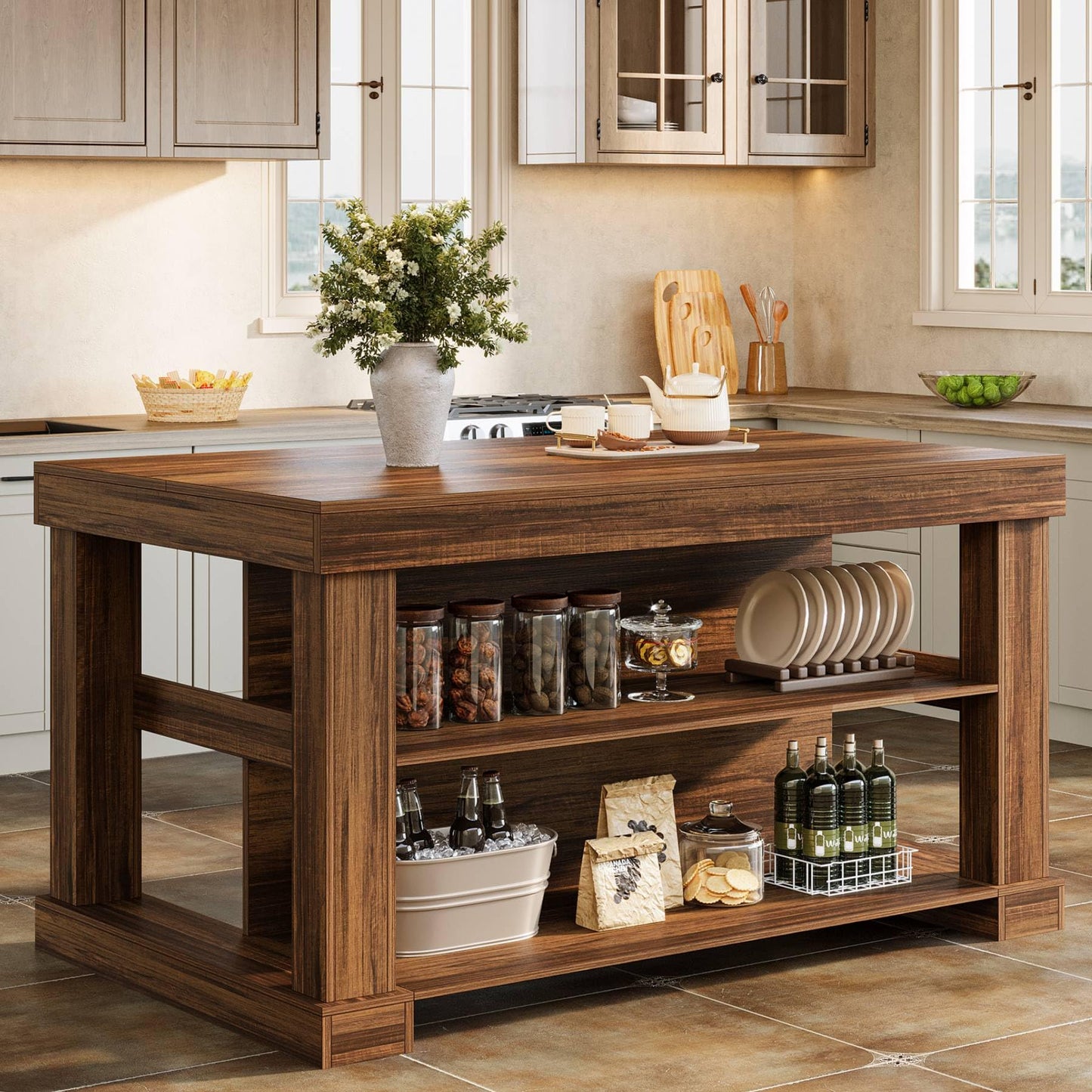 Farmhouse Kitchen Island with Storage Shelves and Large Worktop