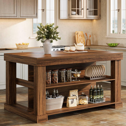Farmhouse Kitchen Island with Storage Shelves and Large Worktop