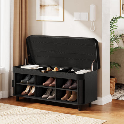 Fluted Shoe Storage Bench with Cushion and Adjustable Shelves for Entryway