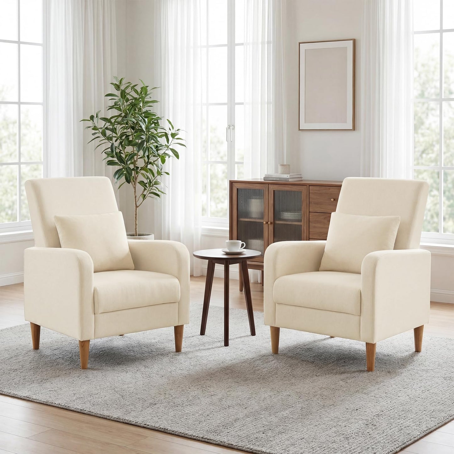 Mid Century Modern Upholstered Accent Chair with Wood Legs & Pillow