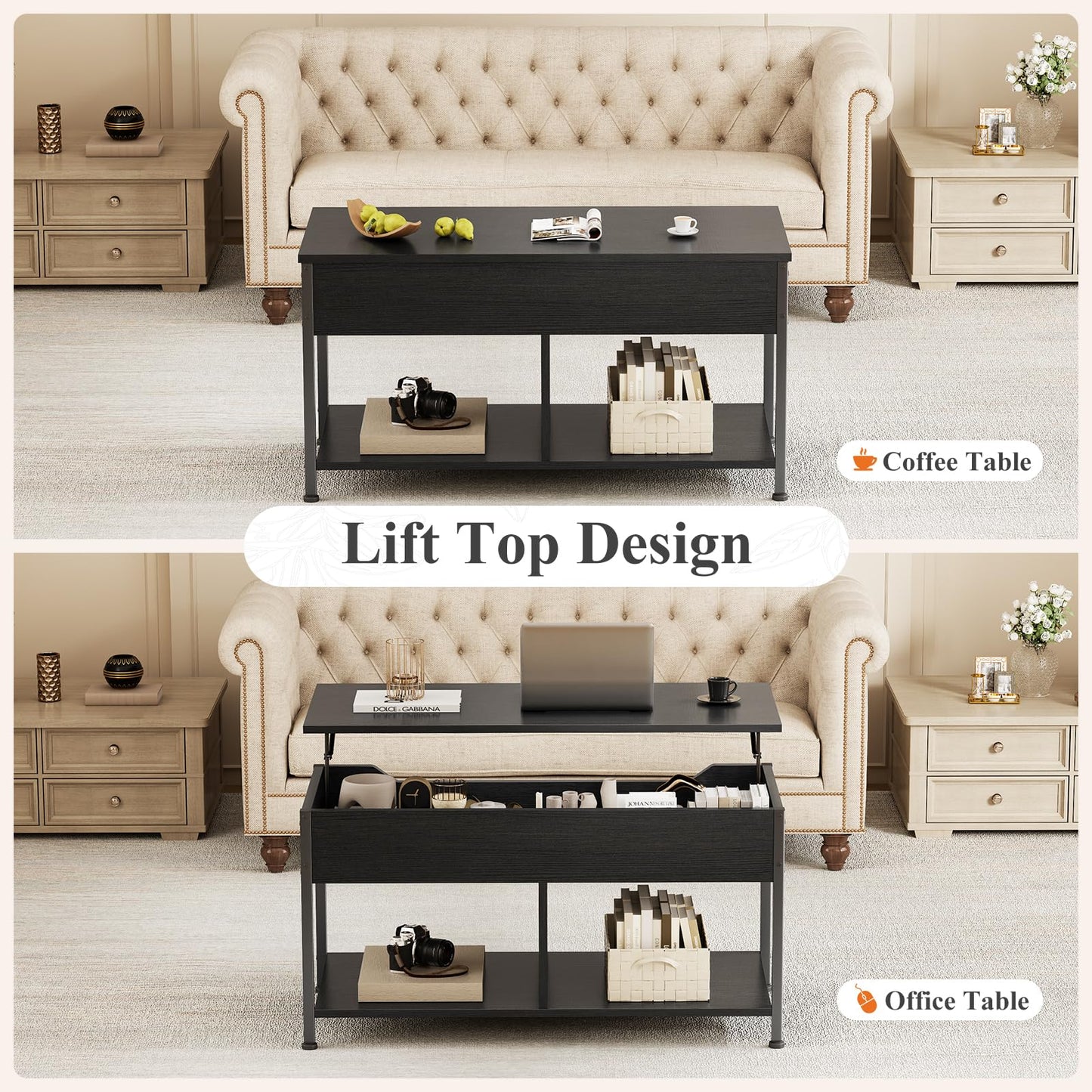 Lift Top Coffee Table with Hidden Storage Shelf for Living Room & Office