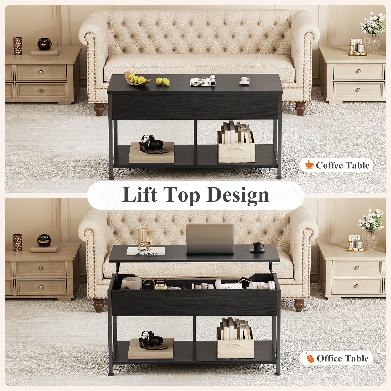 Lift Top Coffee Table with Hidden Storage Shelf for Living Room & Office