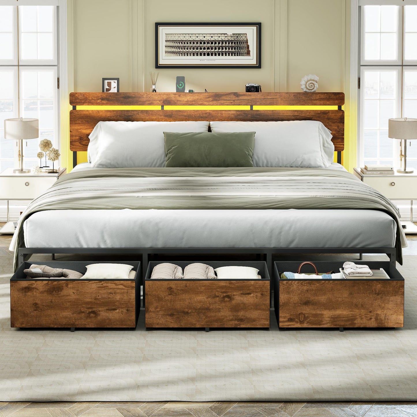 Forestell Bed Frame with Headboard, Platform Bed with 4 Storage Drawers