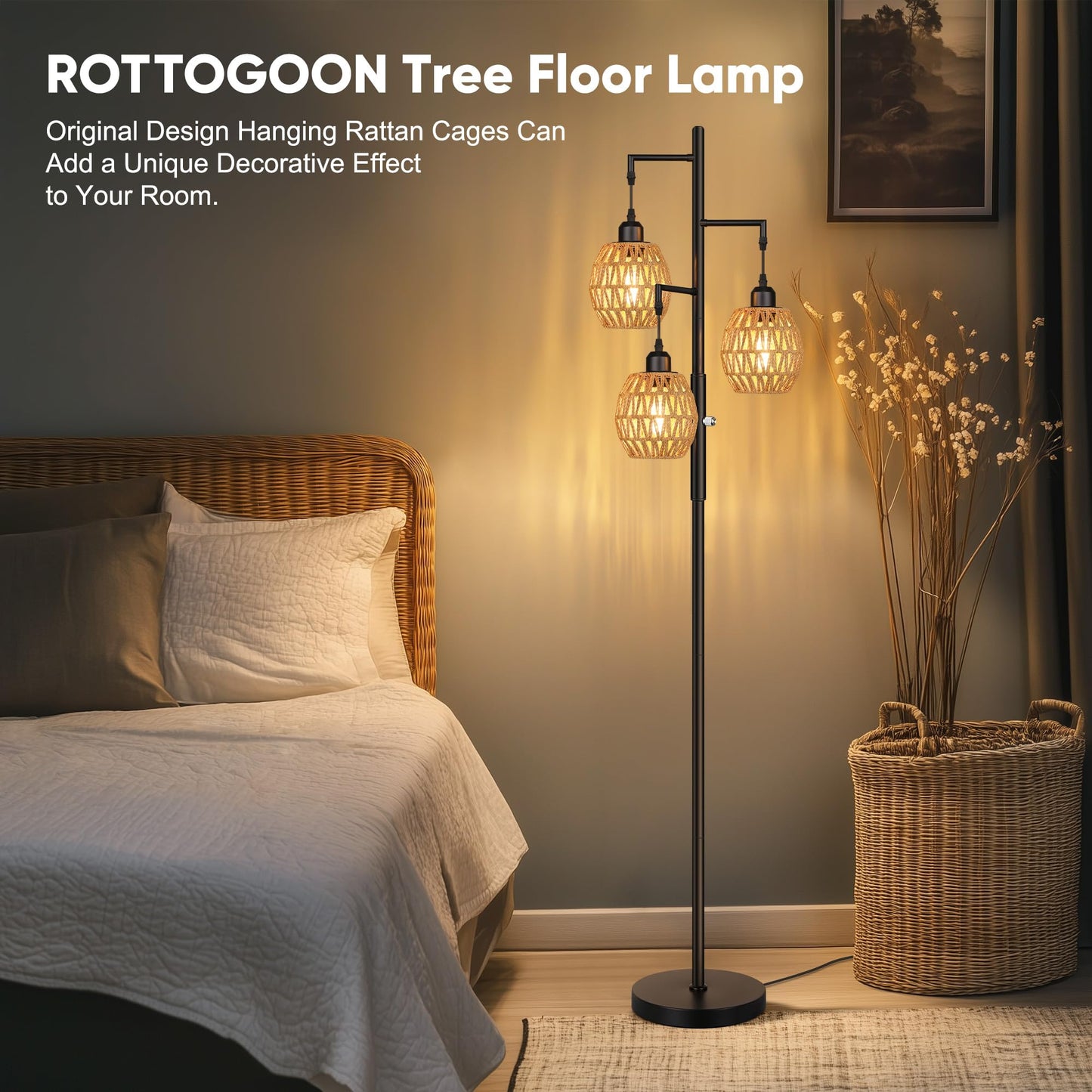 Dimmable Boho Floor Lamp with Rattan Shade for Living Room Decor