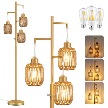 Dimmable Boho Floor Lamp with Rattan Shade for Living Room Decor