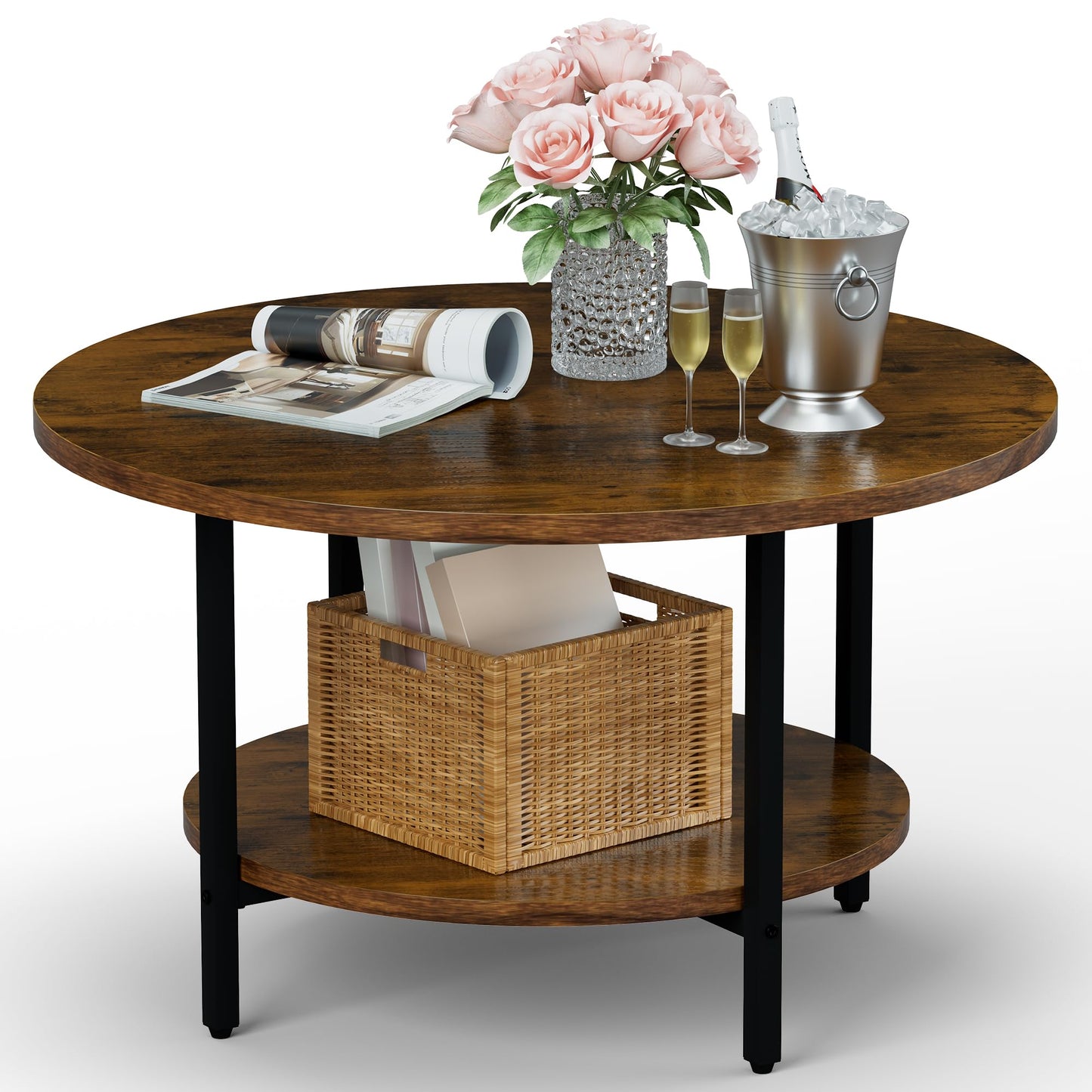 Round Coffee Table with Metal Frame for Living Room & Office