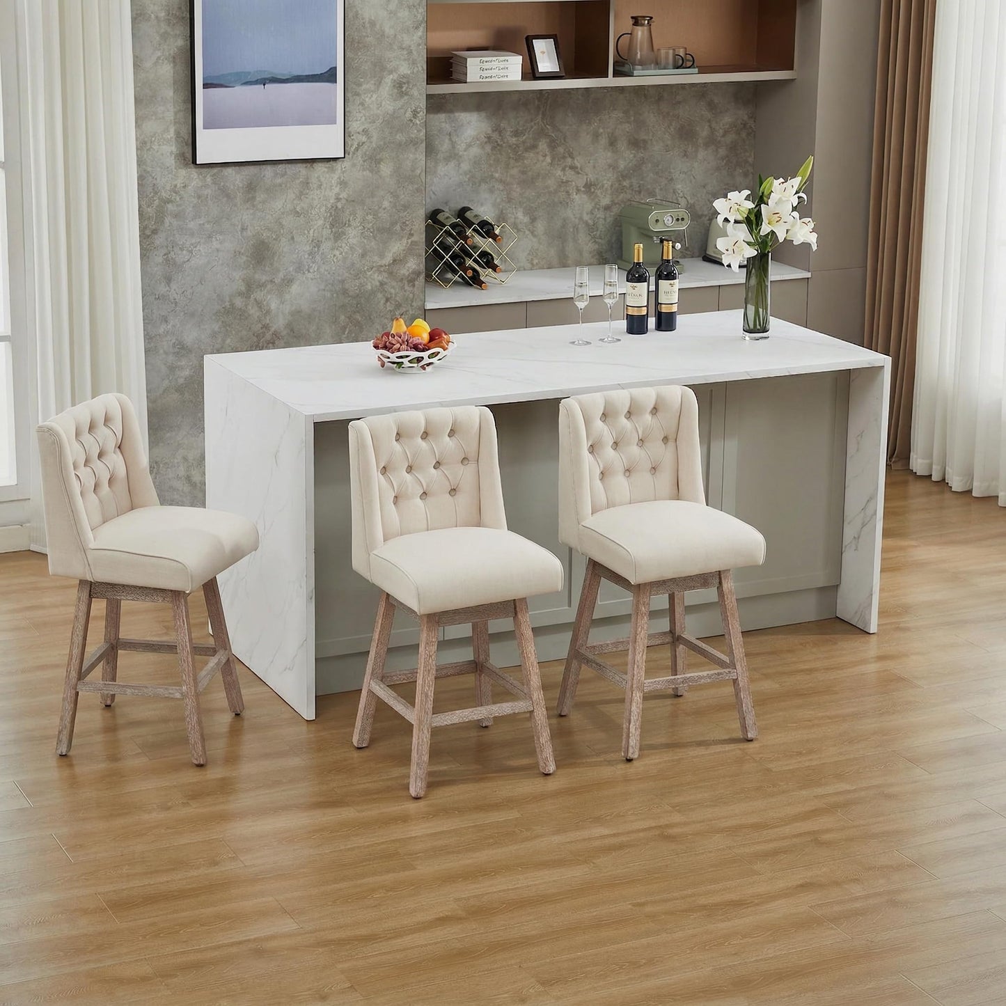 Modern Linen Upholstered Counter Height Bar Stools with Swivel & Wood Legs