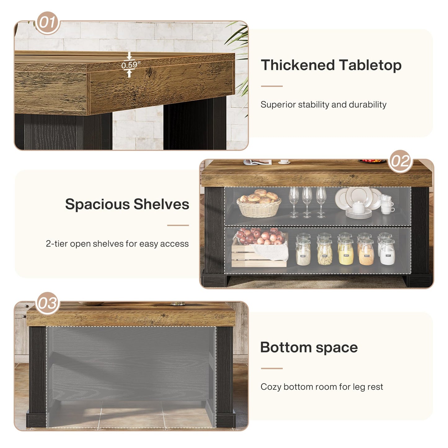 Farmhouse Kitchen Island with Storage Shelves and Large Worktop