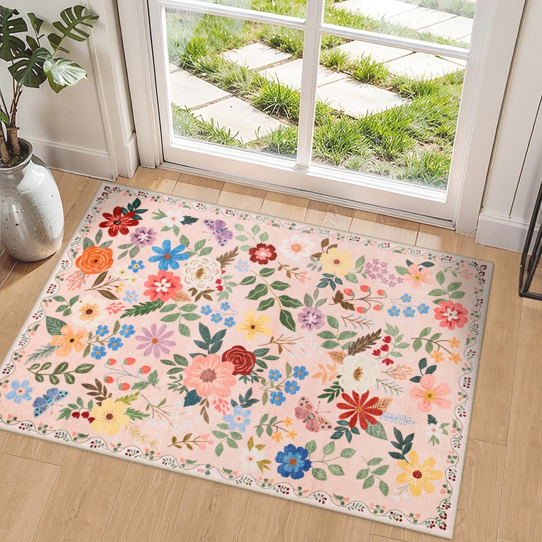 Vintage Floral Washable Area Rug with Non-Slip Soft Design for Home & Office