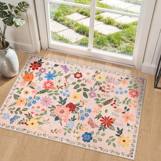 Vintage Floral Washable Area Rug with Non-Slip Soft Design for Home & Office
