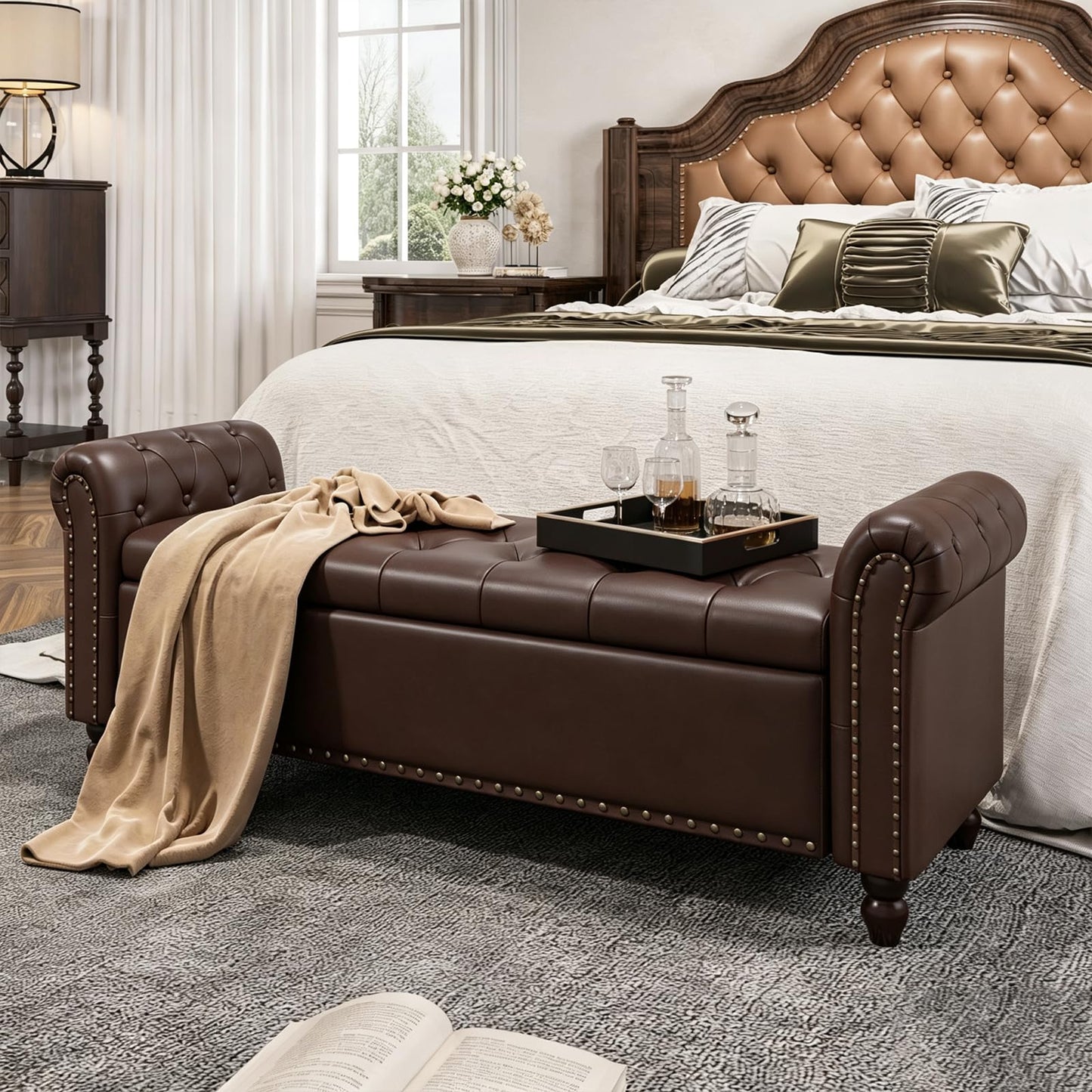 FiveWillowise 65 Inch Faux Leather Bedroom Bench with Storage