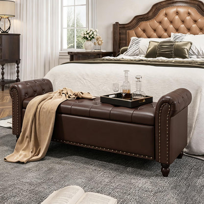 FiveWillowise 65 Inch Faux Leather Bedroom Bench with Storage