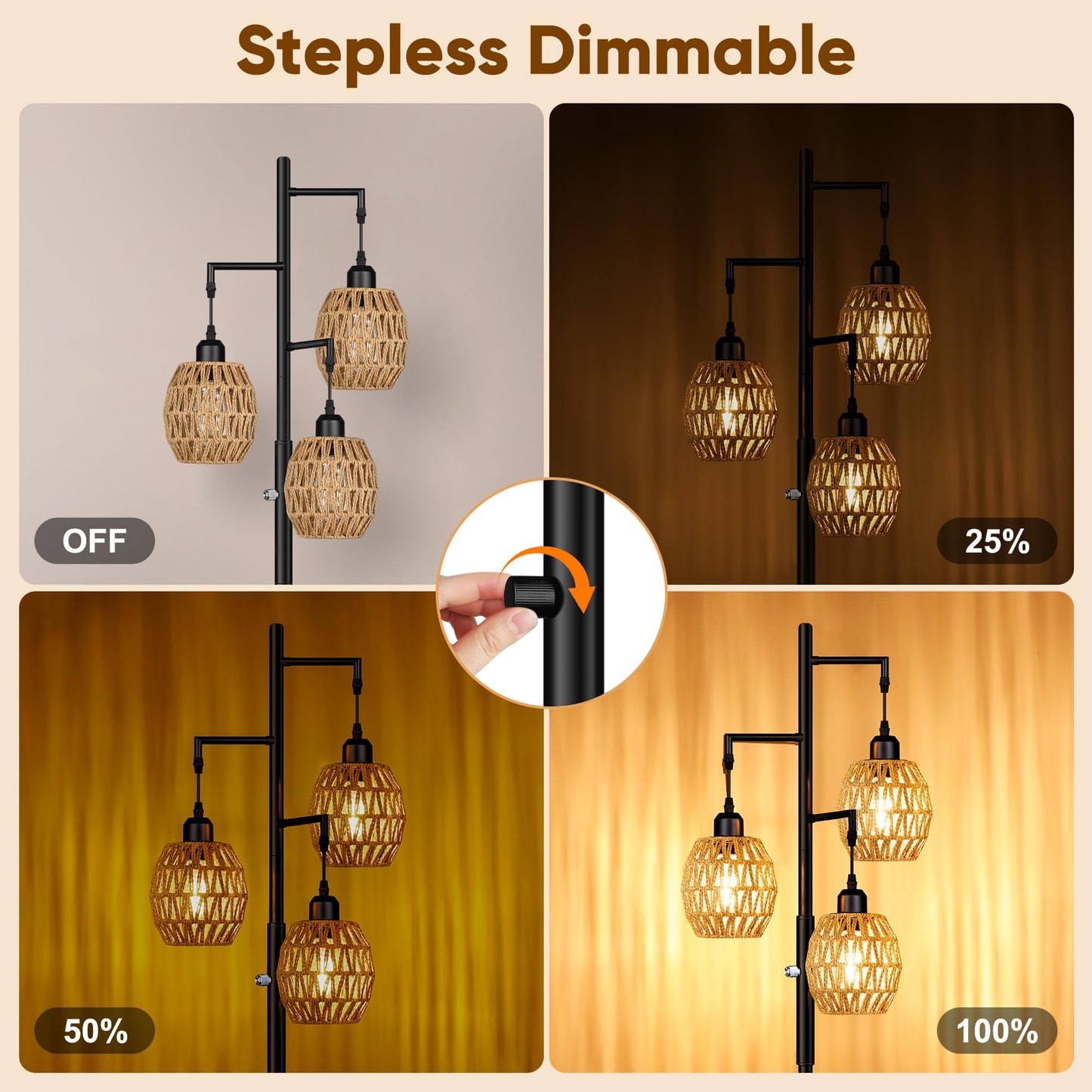 Dimmable Boho Floor Lamp with Rattan Shade for Living Room Decor
