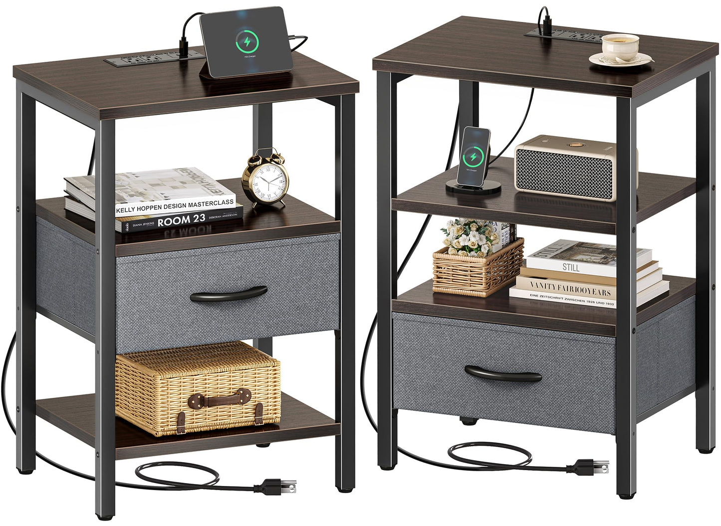 Nightstand with Charging Station and Adjustable Fabric Drawer