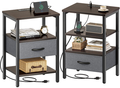 Nightstand with Charging Station and Adjustable Fabric Drawer