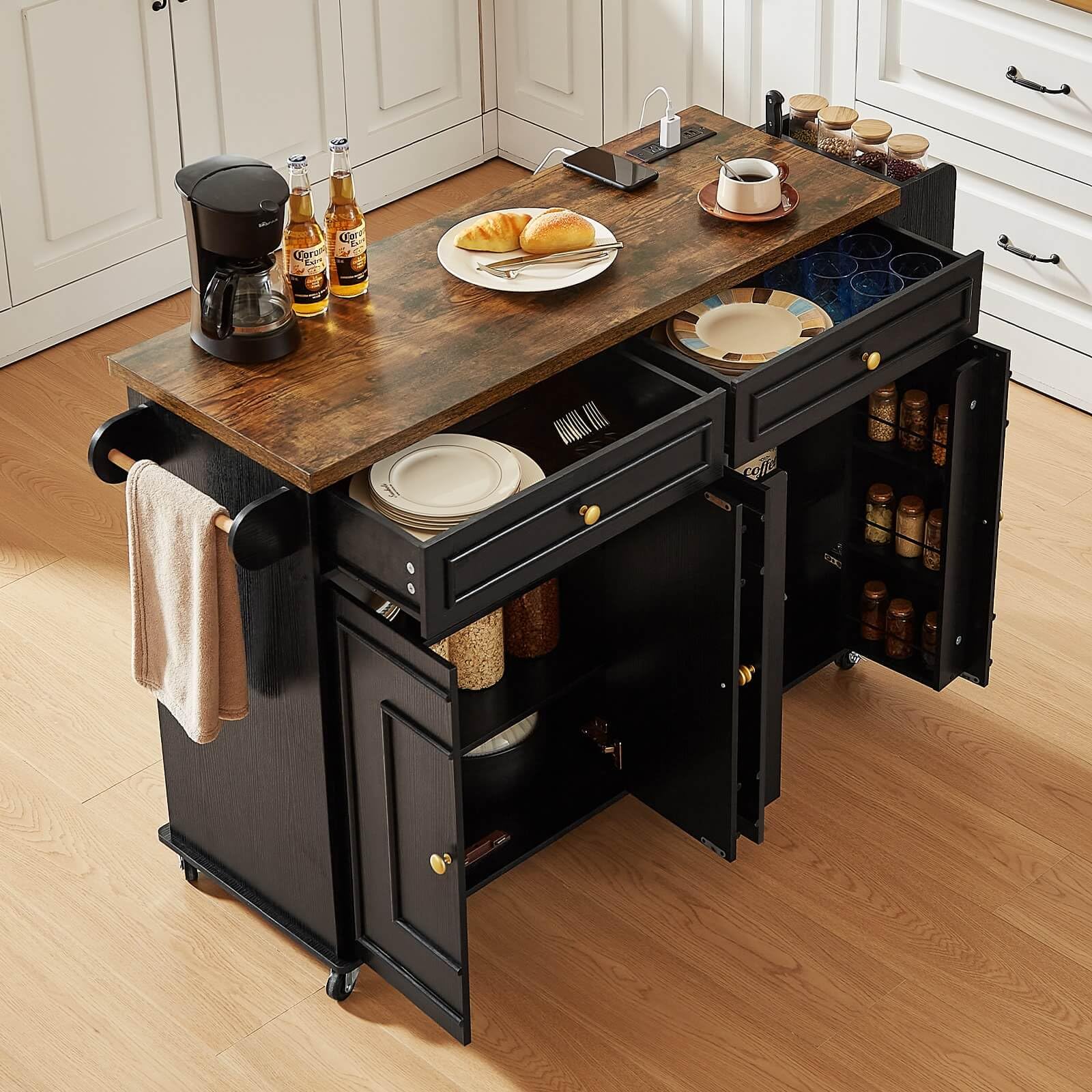 Mobile Kitchen Island Cart with Storage, Power Outlet & Spice Rack Organizer