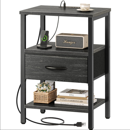Nightstand with Charging Station and Adjustable Fabric Drawer