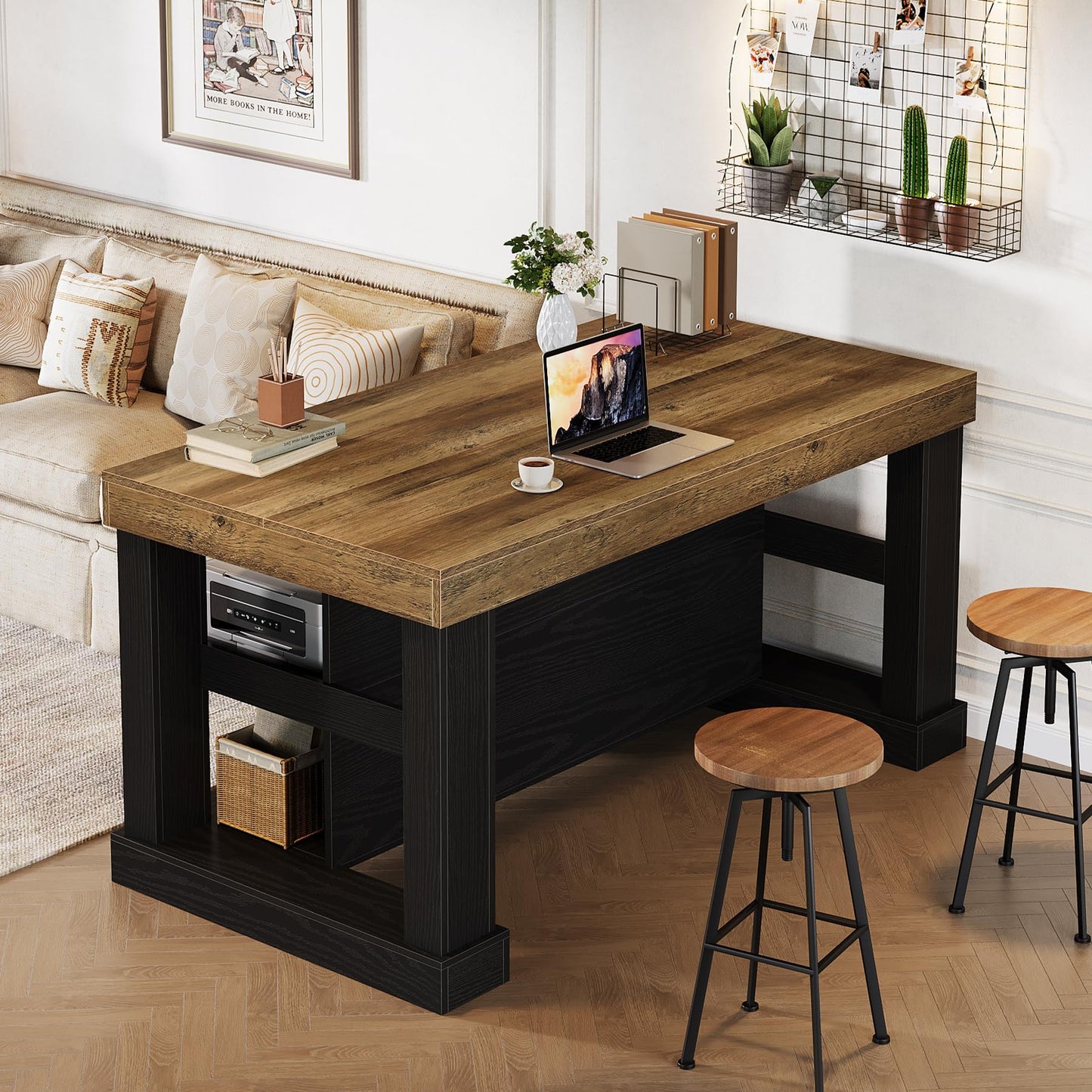 Farmhouse Kitchen Island with Storage Shelves and Large Worktop