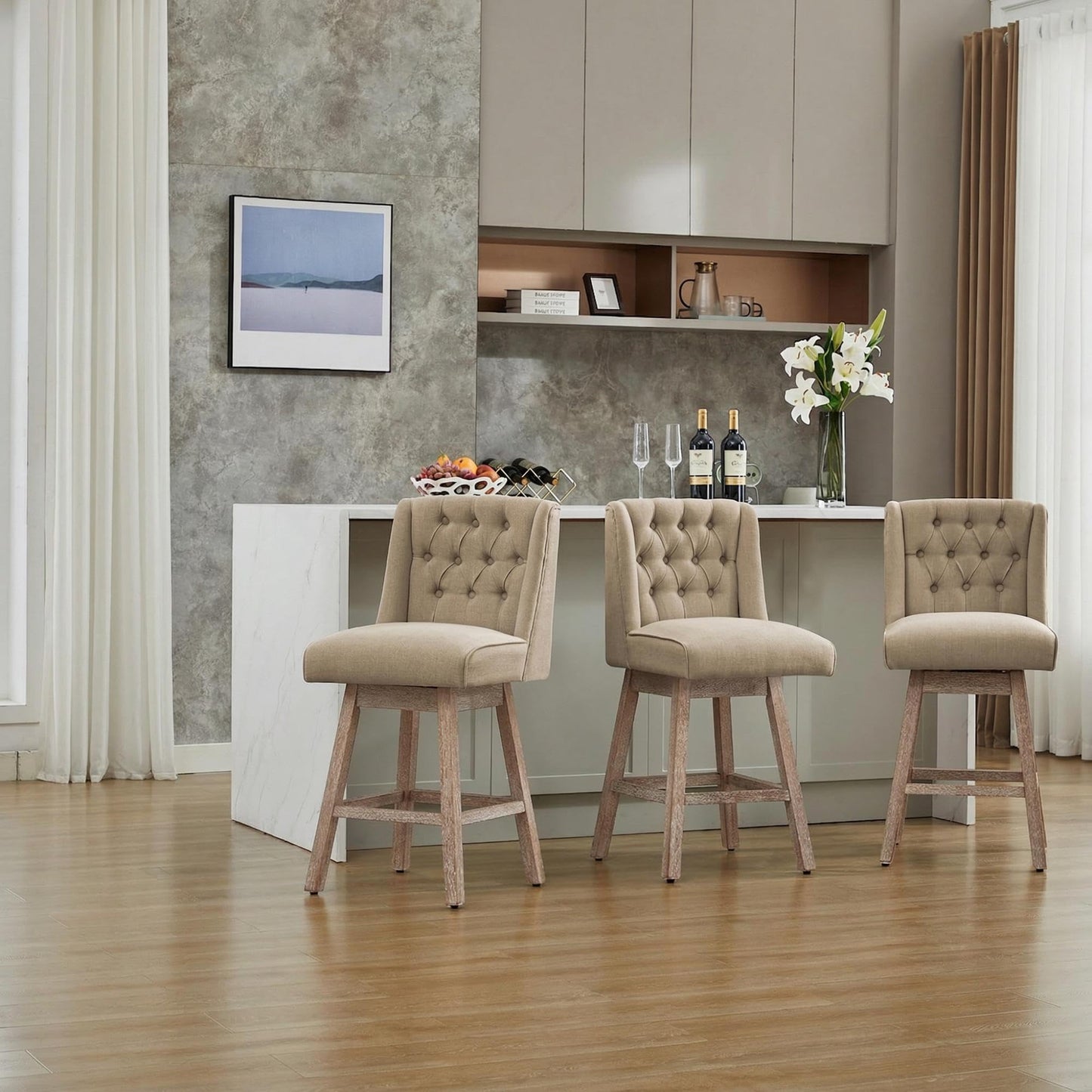 Modern Linen Upholstered Counter Height Bar Stools with Swivel & Wood Legs