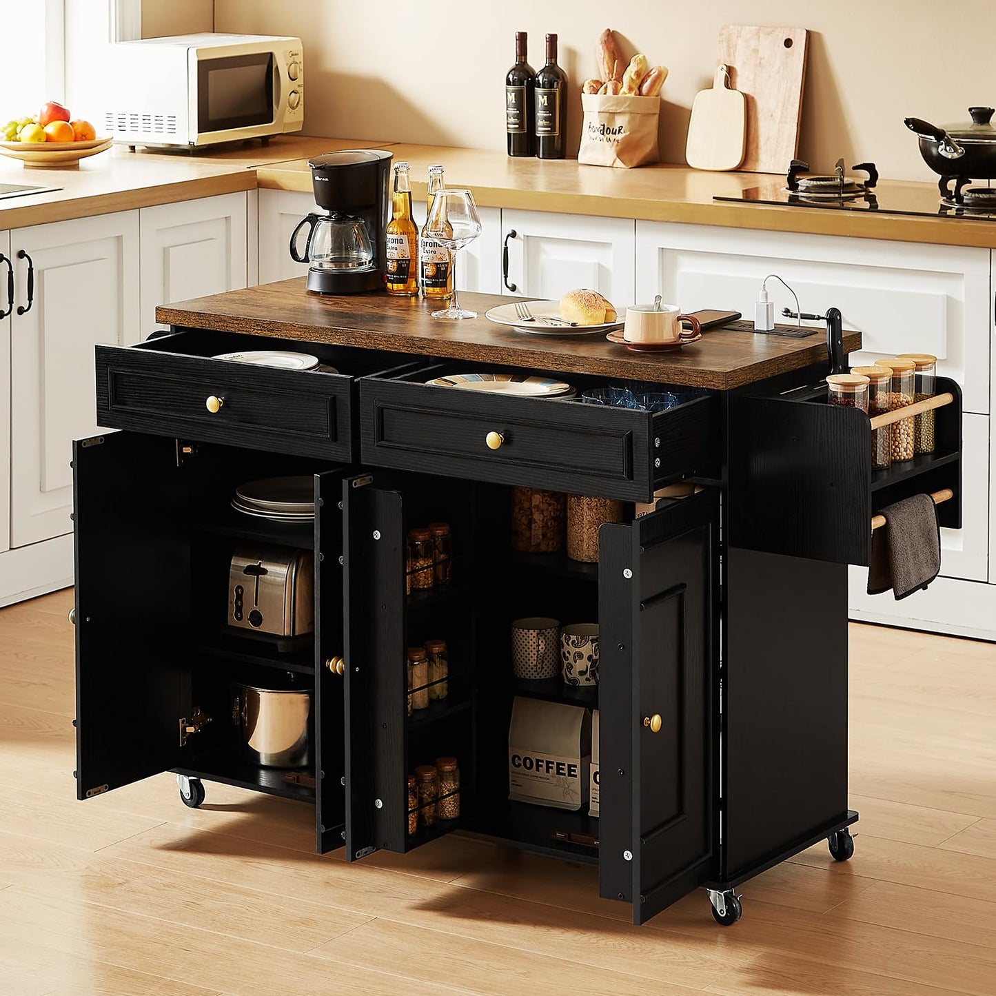 Mobile Kitchen Island Cart with Storage, Power Outlet & Spice Rack Organizer