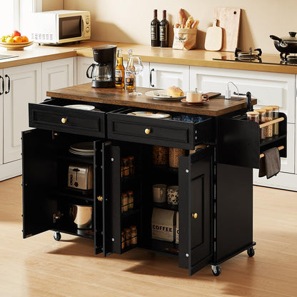 Mobile Kitchen Island Cart with Storage, Power Outlet & Spice Rack Organizer